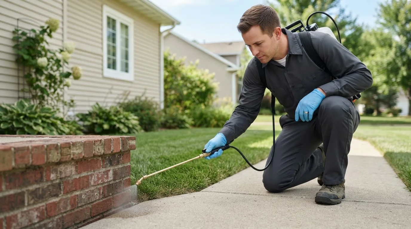 Pest control technician treating a home near Woodsboro, MD